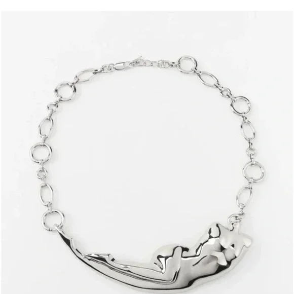 Zara Abstract Sculptured Torso Body Silver Chain Link Necklace Bold Artsy NWT - Picture 2 of 12